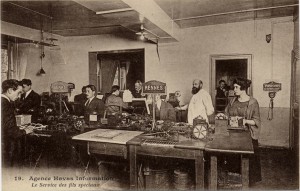 This was the room at Havas headquarters where the telegraph lines from around the country arrived. Telegraphy accelerated information flows. Without its spread, the success of news agencies of Havas would have been unthinkable. (Image source: http://goo.gl/QlUXeh).